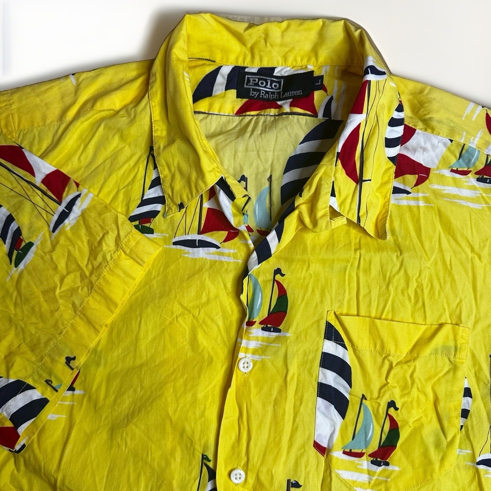 Vintage Polo Ralph Lauren Camp Shirt Large Yellow Sailing Sailboat Loop Collar